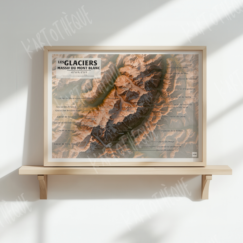 Carte détaillée des glaciers du massif du Mont Blanc, représentant avec précision les principaux glaciers tels que la Mer de Glace, le Glacier des Bossons et le Glacier d’Argentière. Cette illustration topographique met en valeur les reliefs majestueux du massif, avec des annotations indiquant les sommets emblématiques comme l’Aiguille du Midi (3 842 m) et le Mont Blanc (4 808 m). Une carte idéale pour les passionnés de montagne et d’alpinisme.