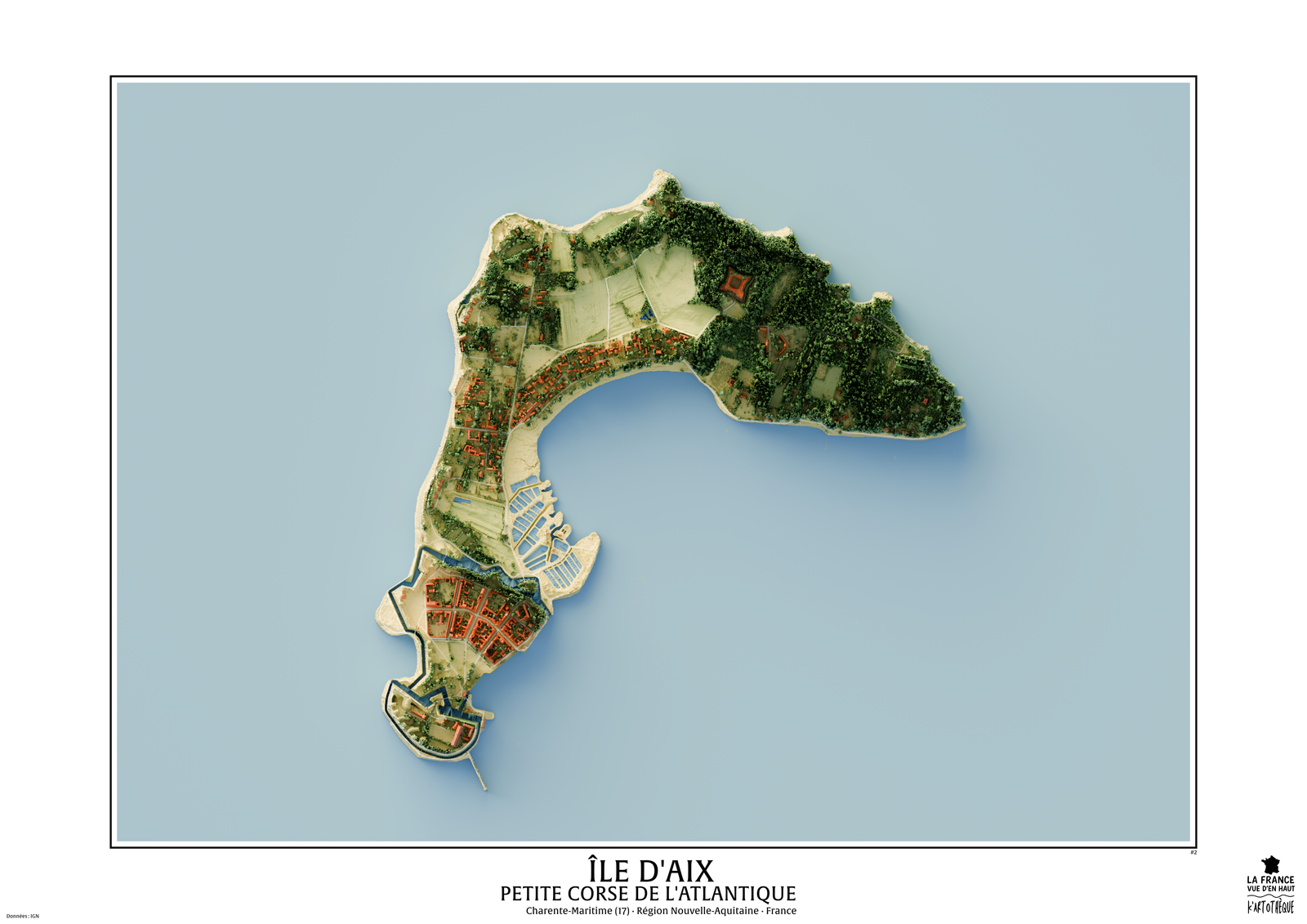 Cartographie de l'Île d'Aix. Utilisation des données Lidar de l'IGN afin d'obtenir un rendu précis. Volet 2 de la série cartographique de K'artothèque, "La France vue d'en haut".