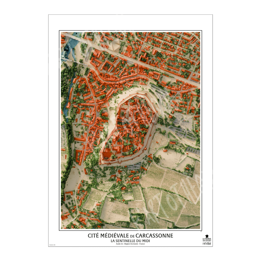 Cartographie de la cité médiévale de Carcassonne. Utilisation des données Lidar de l'IGN afin d'obtenir un rendu précis. Volet 4 de la série cartographique de Kartothèque, "La France vue d'en haut".