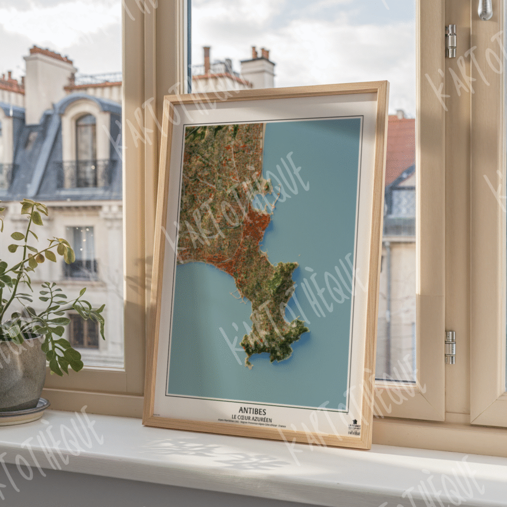 Cartographie d'Antibes. Utilisation des données Lidar de l'IGN afin d'obtenir un rendu précis. Volet 6 de la série cartographique de Kartothèque, "La France vue d'en haut". Version encadrée.