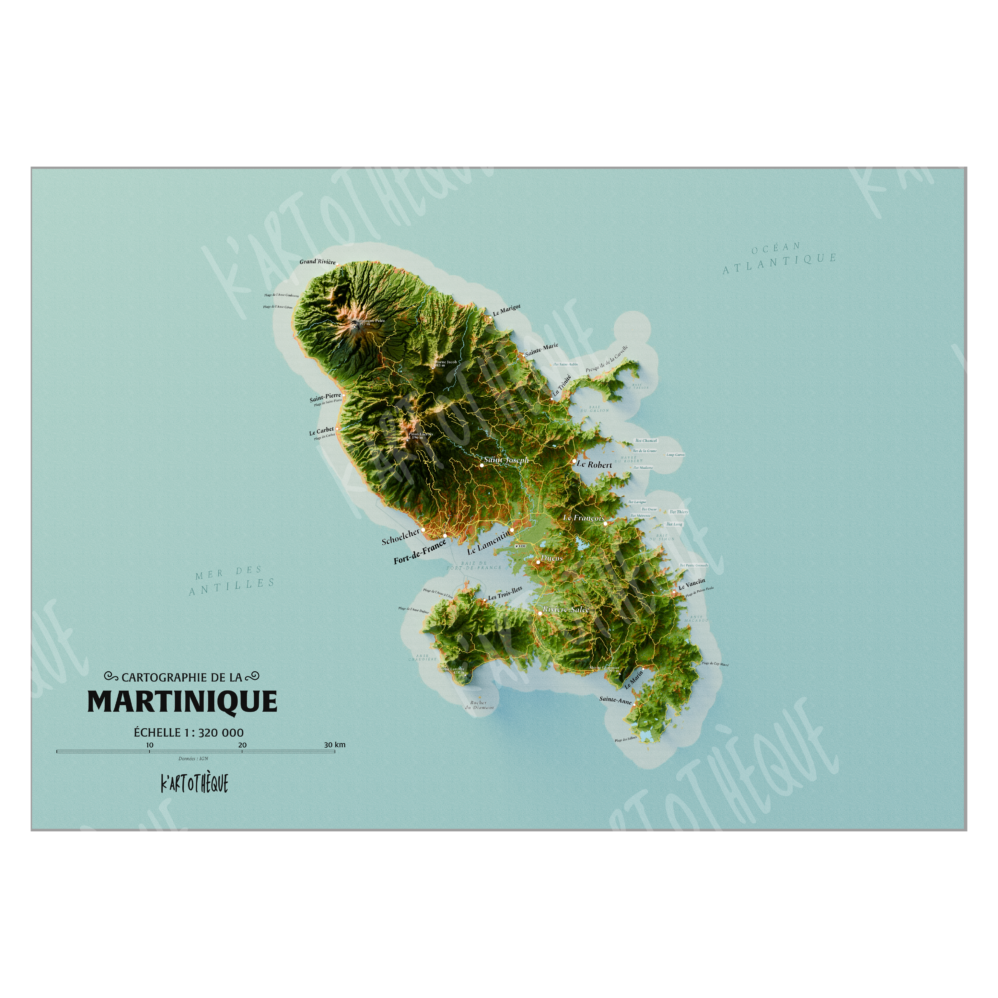 Carte de la Martinique – Affiche murale décorative montrant reliefs volcaniques, forêts tropicales et plages paradisiaques de l’île.