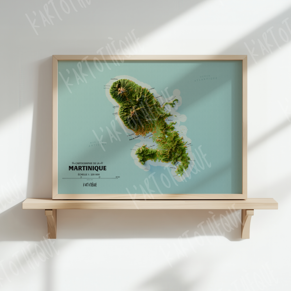 Carte de la Martinique – Affiche murale décorative montrant reliefs volcaniques, forêts tropicales et plages paradisiaques de l’île.