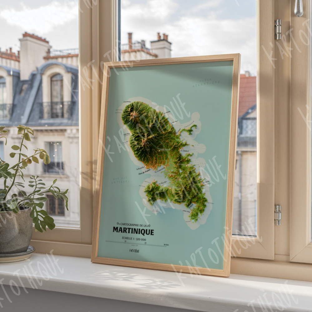 Carte de la Martinique – Affiche murale décorative format portrait montrant reliefs volcaniques, forêts tropicales et plages paradisiaques de l’île.