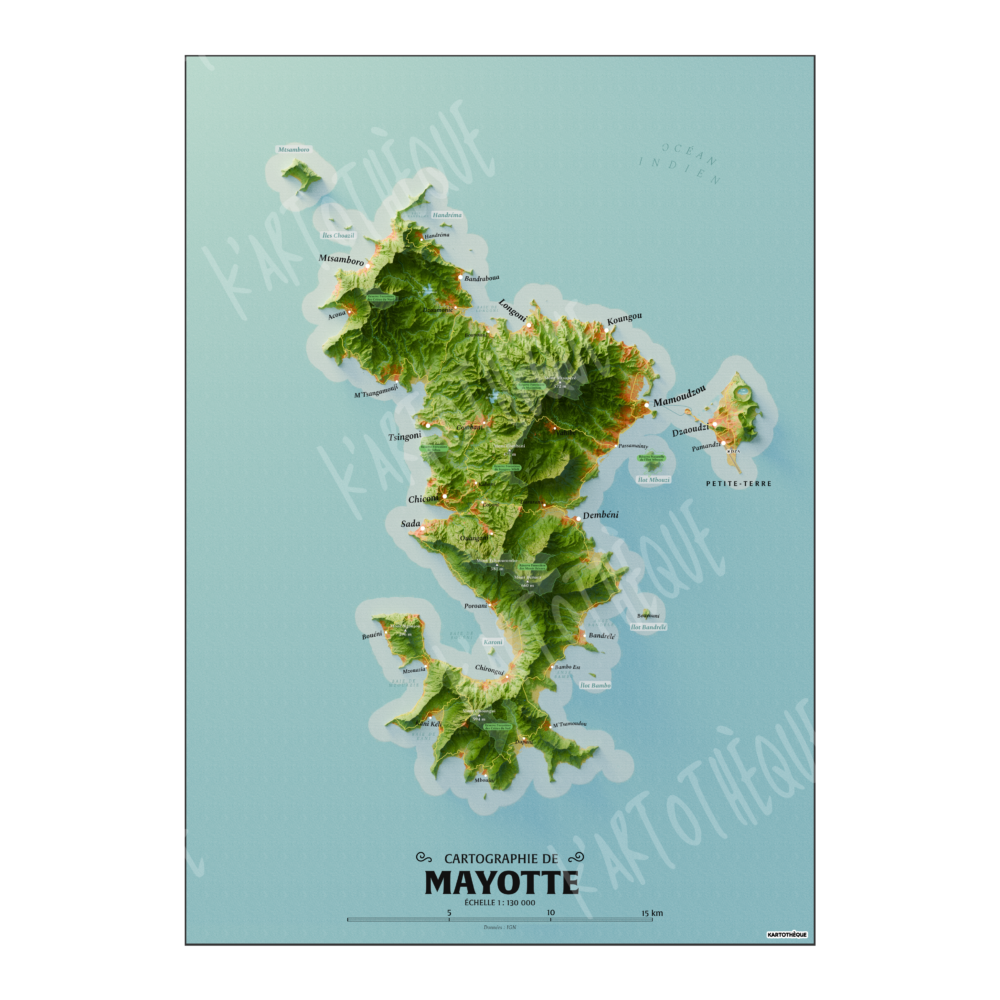 Carte géographique décorative de Mayotte – création Kartothèque Thomas Maguin