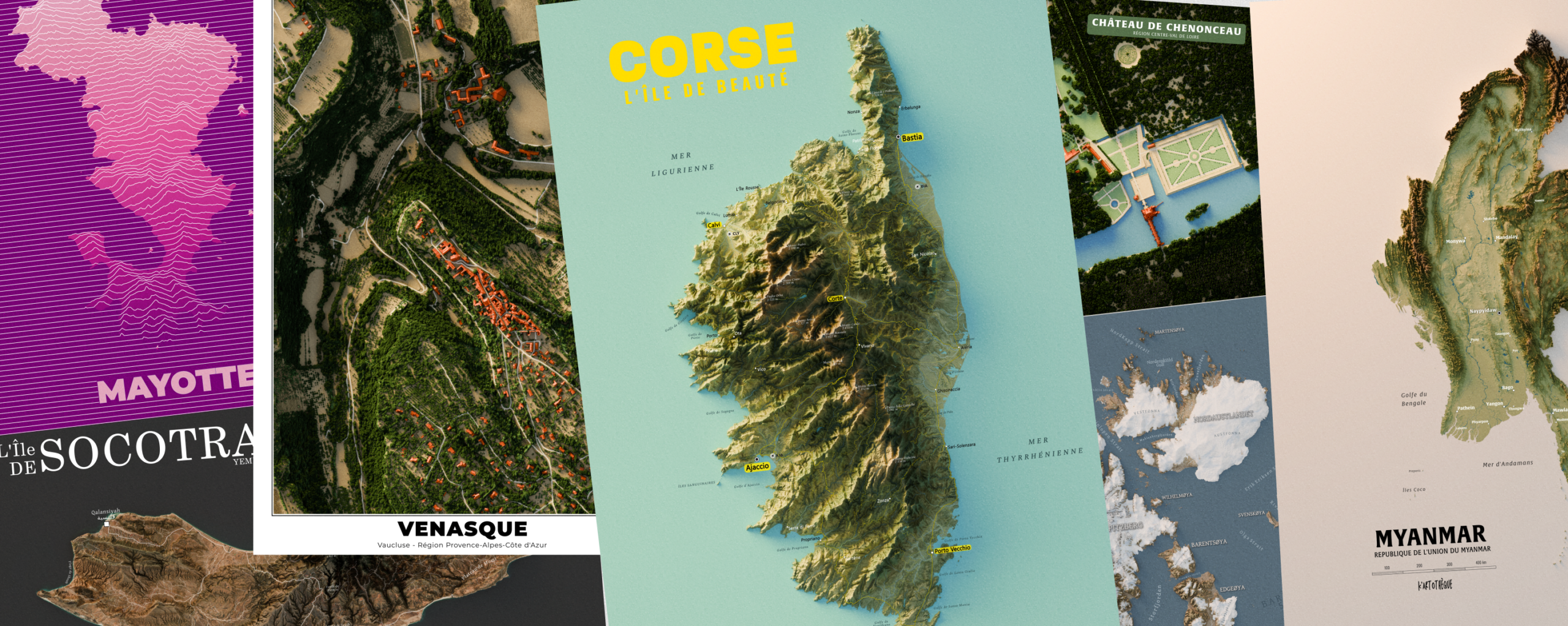 Bannière présentant plusieurs cartes en relief et affiches géographiques personnalisées, avec le texte “Votre carte sur mesure”