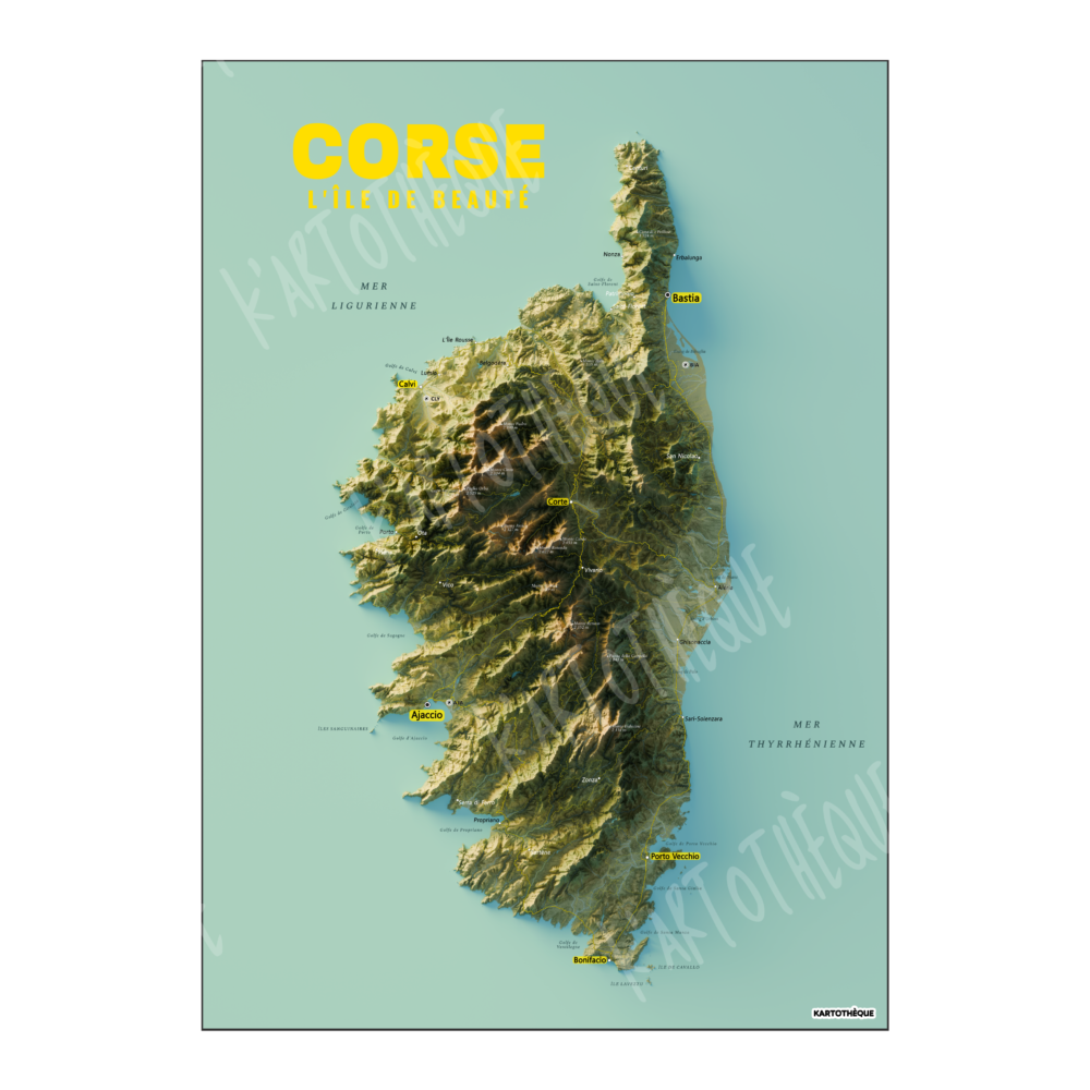 Carte géographique décorative de la Corse représentant montagnes, côtes et paysages méditerranéens
