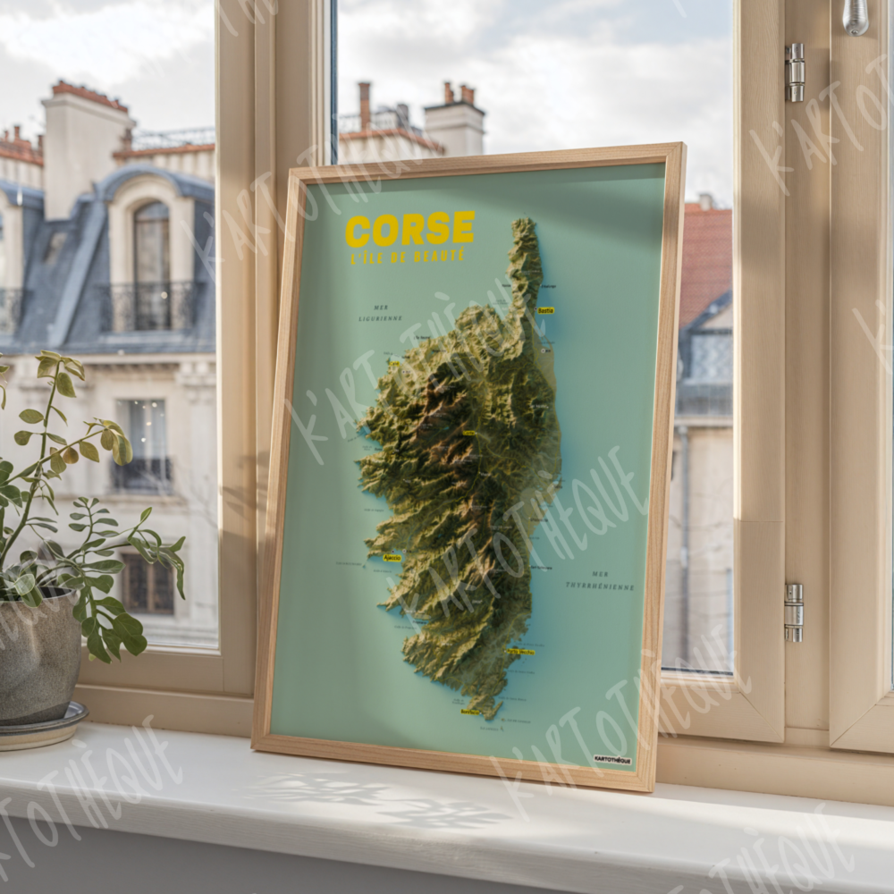 Affiche murale décorative de la Corse créée par Kartothèque, représentant l'Île de Beauté vue du ciel